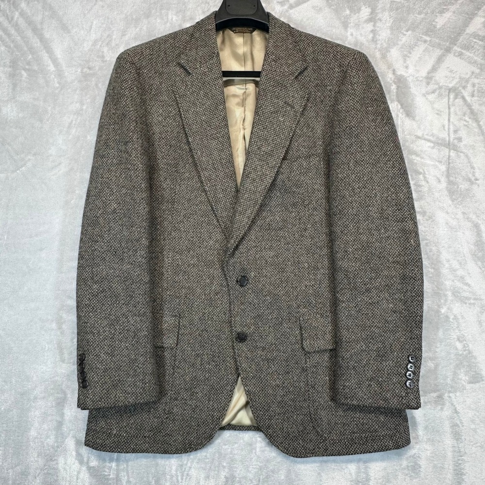 Barrister Hartmarx Mens Vintage Wool Tweed Blazer Gray Herringbone USA‎ Tailored